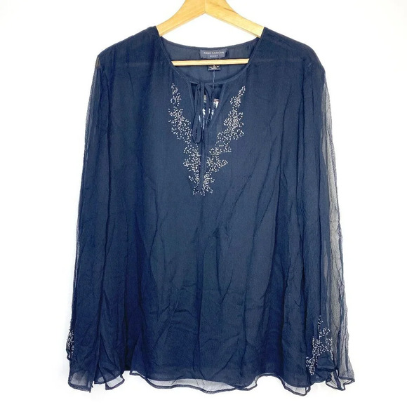 NWT Anne Carson 100% Silk Blouse 1X Beaded Embroidered Black Boho Chic Top - Picture 1 of 9